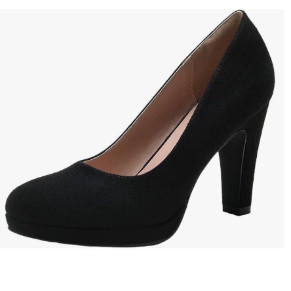 miss left Black Suede Low Platform Chunky High Heel Slip On Round Toe Pump